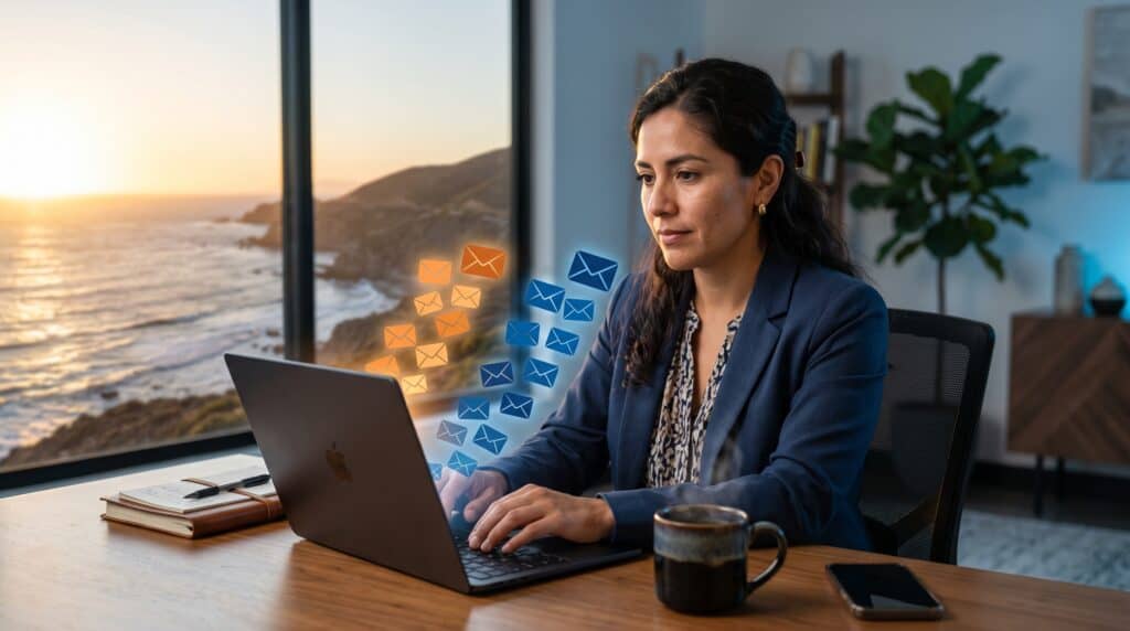 Email drip bilingüe inmobiliario: agente en oficina costera de Baja California gestionando secuencia automatizada de correos a compradores americanos