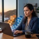 Email drip bilingüe inmobiliario: agente en oficina costera de Baja California gestionando secuencia automatizada de correos a compradores americanos