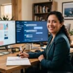 Agente inmobiliaria mexicana produciendo 30 posts mensuales con IA en doble pantalla en oficina de Tijuana, Método GEMA aplicado