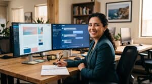 Agente inmobiliaria mexicana produciendo 30 posts mensuales con IA en doble pantalla en oficina de Tijuana, Método GEMA aplicado