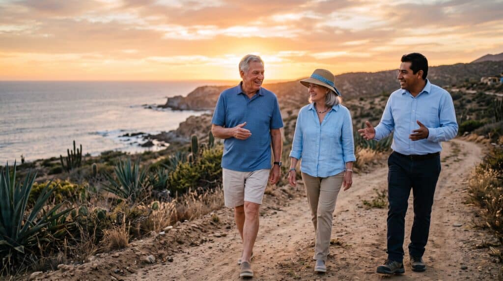 Pareja americana retirada recorriendo un terreno costero en Baja California con un agente inmobiliario mexicano al atardecer