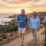 Pareja americana retirada recorriendo un terreno costero en Baja California con un agente inmobiliario mexicano al atardecer