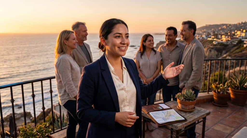Marketing inmobiliario Tijuana San Diego: agente inmobiliaria mexicana atendiendo a una pareja latina y una americana en una propiedad costera de Baja California