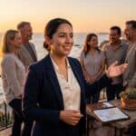 Marketing inmobiliario Tijuana San Diego: agente inmobiliaria mexicana atendiendo a una pareja latina y una americana en una propiedad costera de Baja California