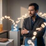 Economía de tokens en agentes de IA: empresario mexicano observando flujo de tokens de luz invertidos en tareas, sistema Marketero Geek