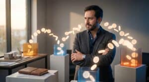 Economía de tokens en agentes de IA: empresario mexicano observando flujo de tokens de luz invertidos en tareas, sistema Marketero Geek