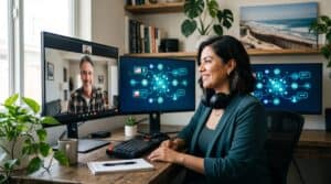 Agente inmobiliaria mexicana en videollamada con comprador americano usando interfaz IA bilingüe en pantalla secundaria