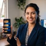 Agente inmobiliaria mexicana en oficina de Tijuana con smartphone mostrando WhatsApp Business y conversaciones bilingües automatizadas con IA