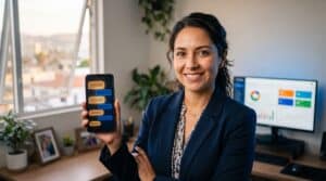 Agente inmobiliaria mexicana en oficina de Tijuana con smartphone mostrando WhatsApp Business y conversaciones bilingües automatizadas con IA