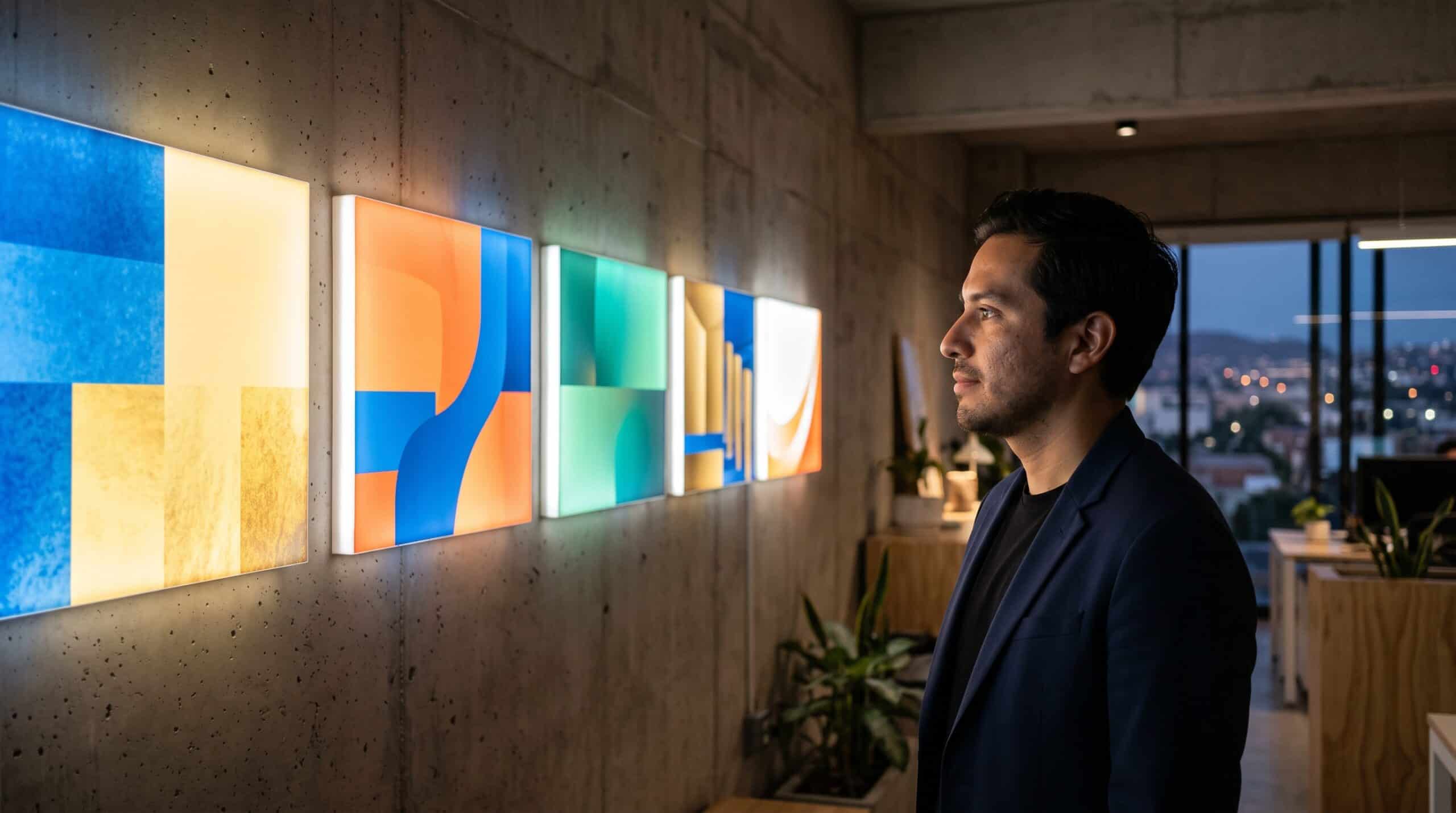Las 5 etapas del journey de 90 días del comprador americano de terrenos en Baja representadas como paneles abstractos