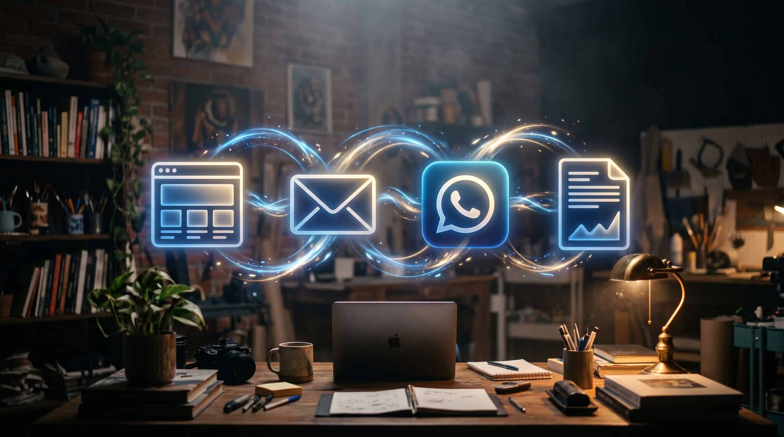 Cuatro canales de distribución del contenido legal: sitio FAQ, email, chatbot WhatsApp y caso de cliente, conectados con arcos de luz