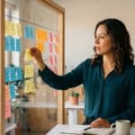 Empresaria priorizando qué tareas automatizar primero con inteligencia artificial