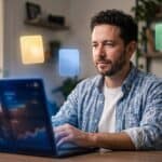 Dueño de negocio mexicano frente a laptop con diagnóstico interactivo de sitio web y 4 arquetipos flotando