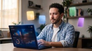 Dueño de negocio mexicano frente a laptop con diagnóstico interactivo de sitio web y 4 arquetipos flotando