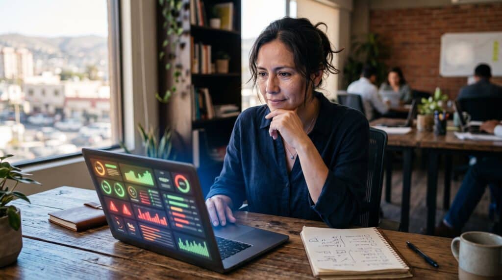 Dueña de negocio revisando pantalla con métricas mixtas y errores en implementación de IA marketing