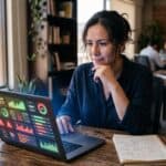 Dueña de negocio revisando pantalla con métricas mixtas y errores en implementación de IA marketing