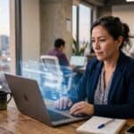 Dueña de PyME mexicana revisando múltiples herramientas de IA para marketing digital 2026