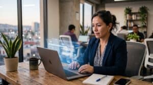 Dueña de PyME mexicana revisando múltiples herramientas de IA para marketing digital 2026