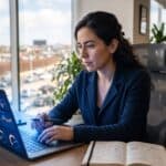 Analista mexicano revisando dashboard con métricas de ROI de herramientas de IA en marketing