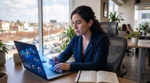 Analista mexicano revisando dashboard con métricas de ROI de herramientas de IA en marketing