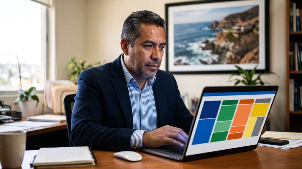 Agente inmobiliario mexicano comparando Mifichaweb vs portales inmobiliarios en su laptop