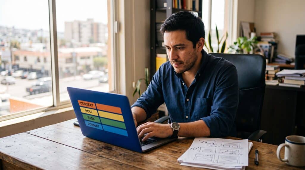Copywriter mexicano diseñando prompts estructurados para marketing con IA