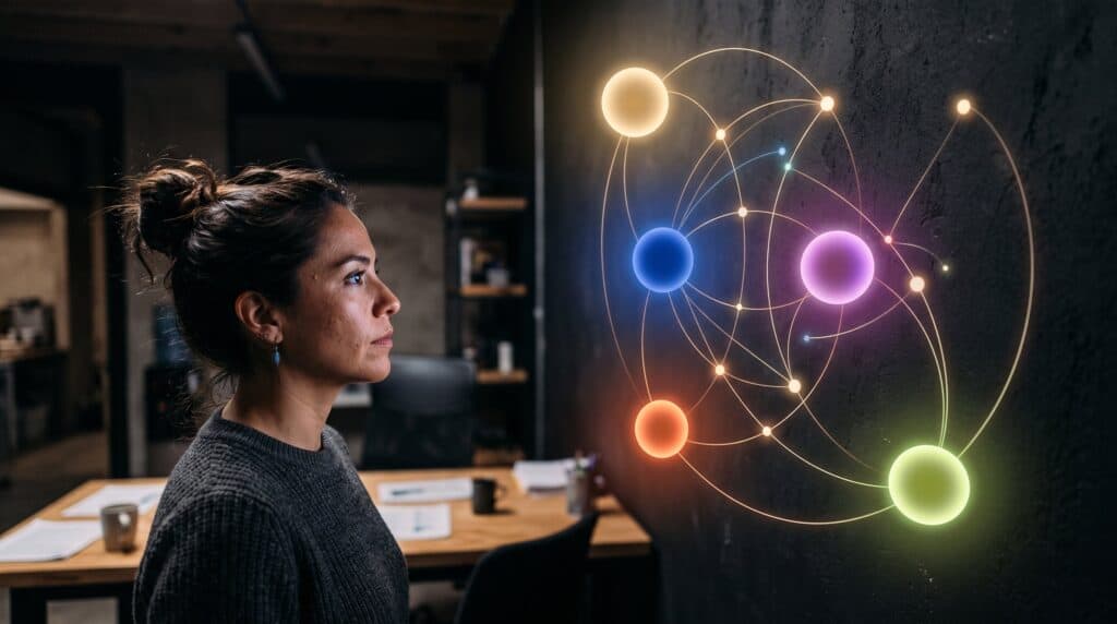 Los 5 modelos de IA (Claude, ChatGPT, Gemini, Perplexity, Copilot) como orbes conectados a tareas