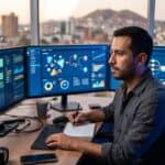 Profesional de marketing comparando modelos de IA en múltiples pantallas para elegir el stack correcto