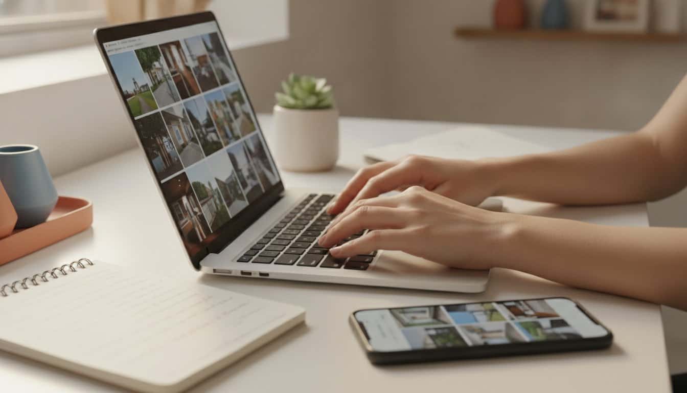 Agente inmobiliario escribiendo prompts de IA en su laptop con fichas de propiedades
