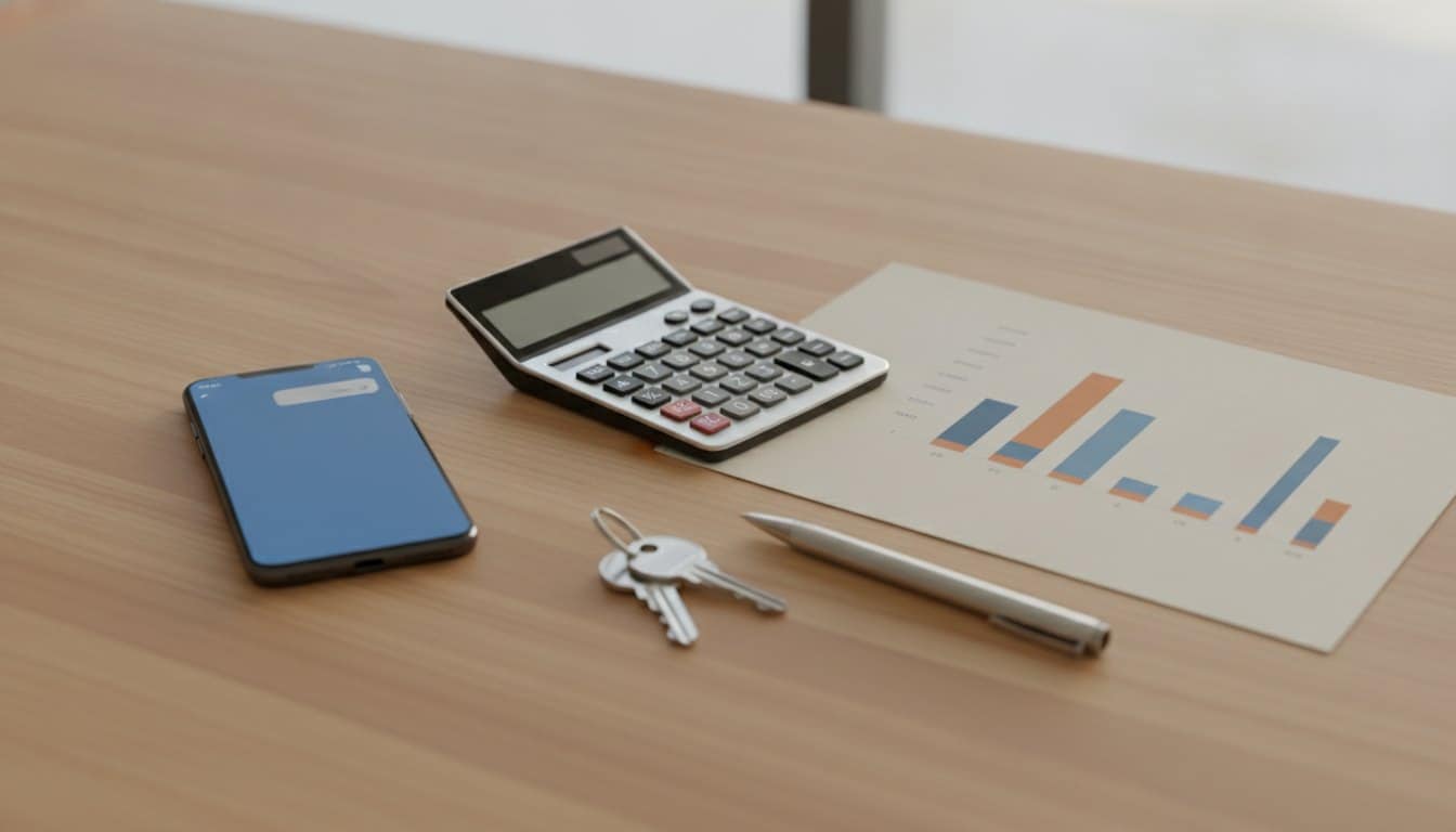 Calculadora, documento y llaves que representan la inversion en marketing inmobiliario fronterizo